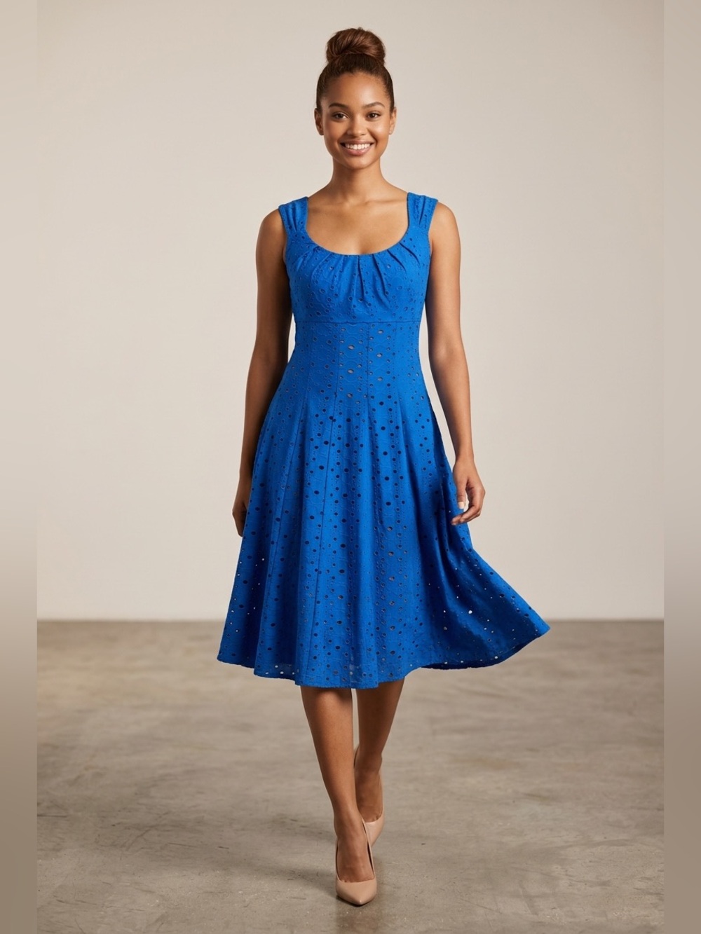 London Style A-Line Eyelet Lace Midi Sleeveless Lined Dress Blue Ruch Bust Sm
